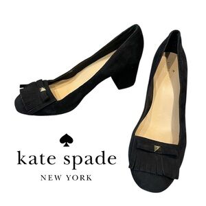Kate Spade Black Suede block Heels with Fringe, bow, stud Detail size 10.5